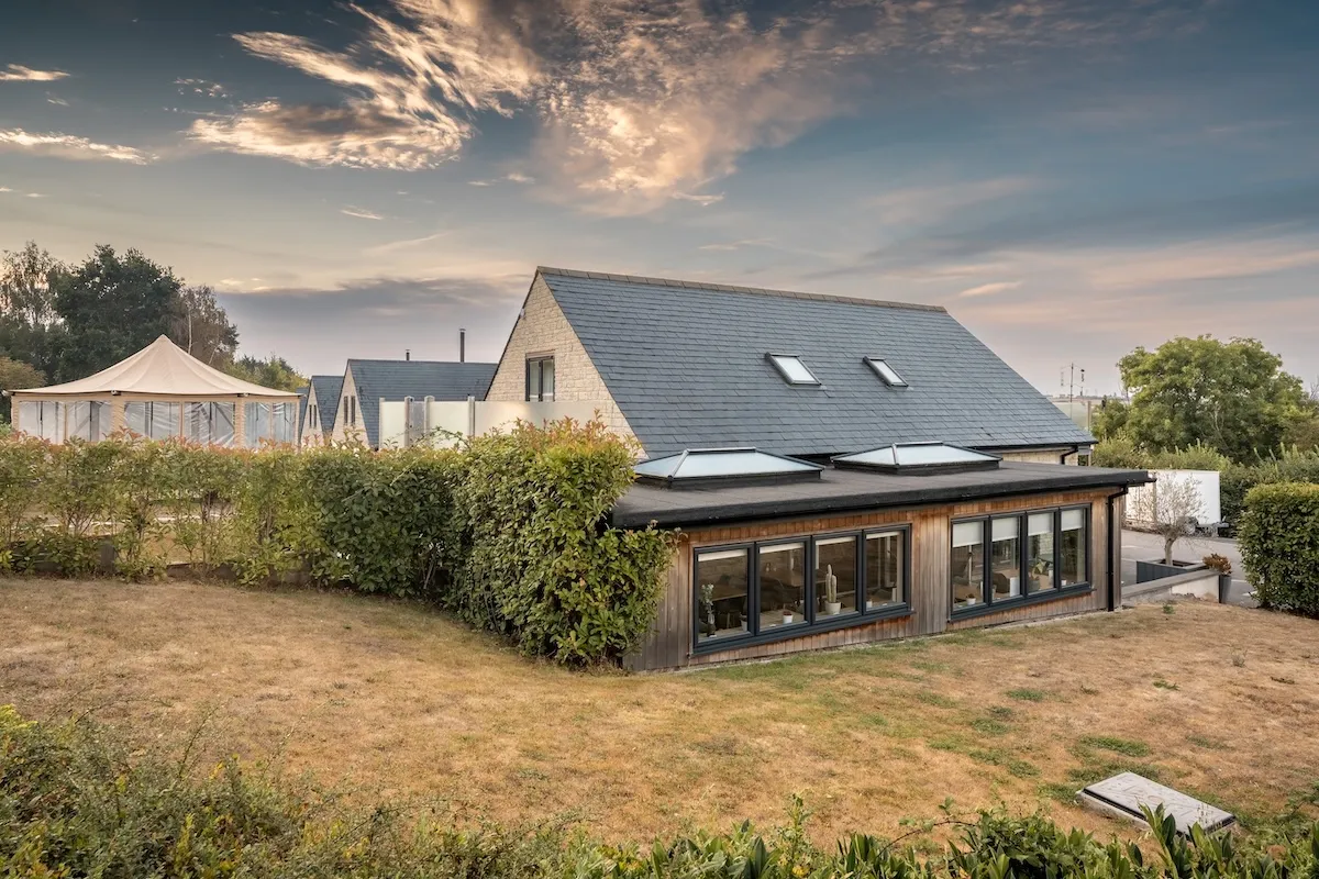 Outside view of the restaurant with blue skies and clouds